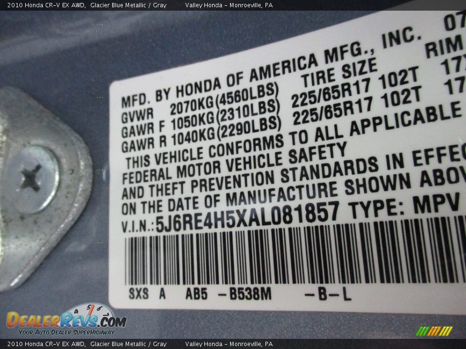 2010 Honda CR-V EX AWD Glacier Blue Metallic / Gray Photo #19