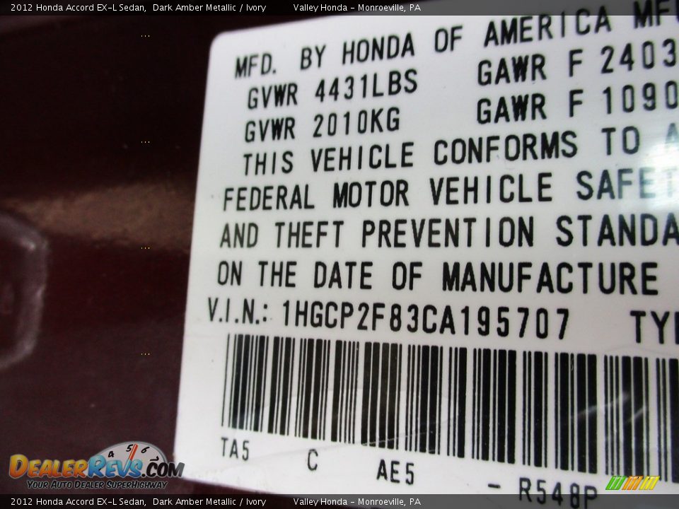 2012 Honda Accord EX-L Sedan Dark Amber Metallic / Ivory Photo #19