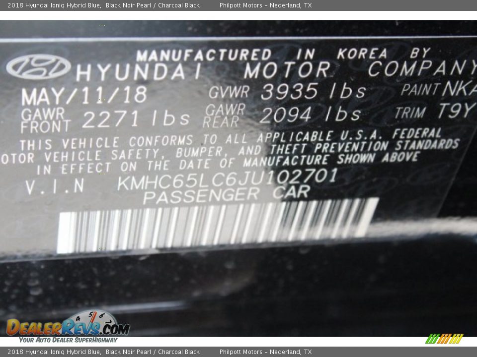 2018 Hyundai Ioniq Hybrid Blue Black Noir Pearl / Charcoal Black Photo #35