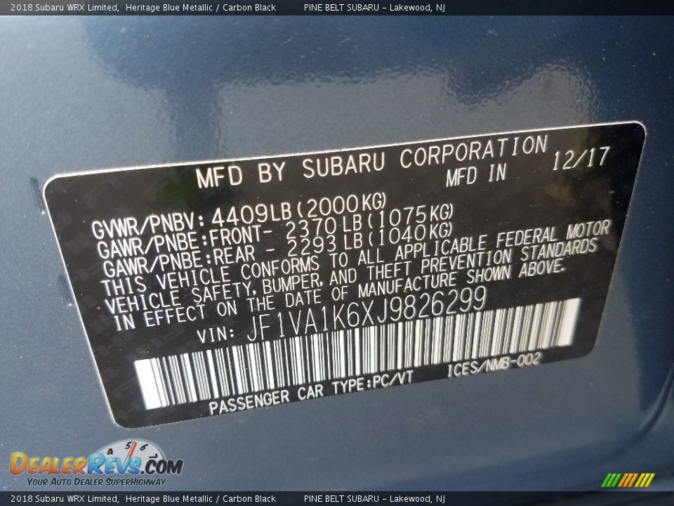 2018 Subaru WRX Limited Heritage Blue Metallic / Carbon Black Photo #9