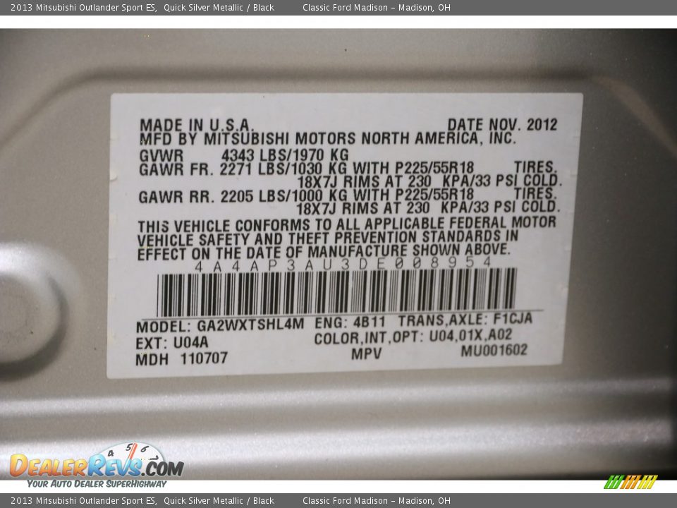 2013 Mitsubishi Outlander Sport ES Quick Silver Metallic / Black Photo #22