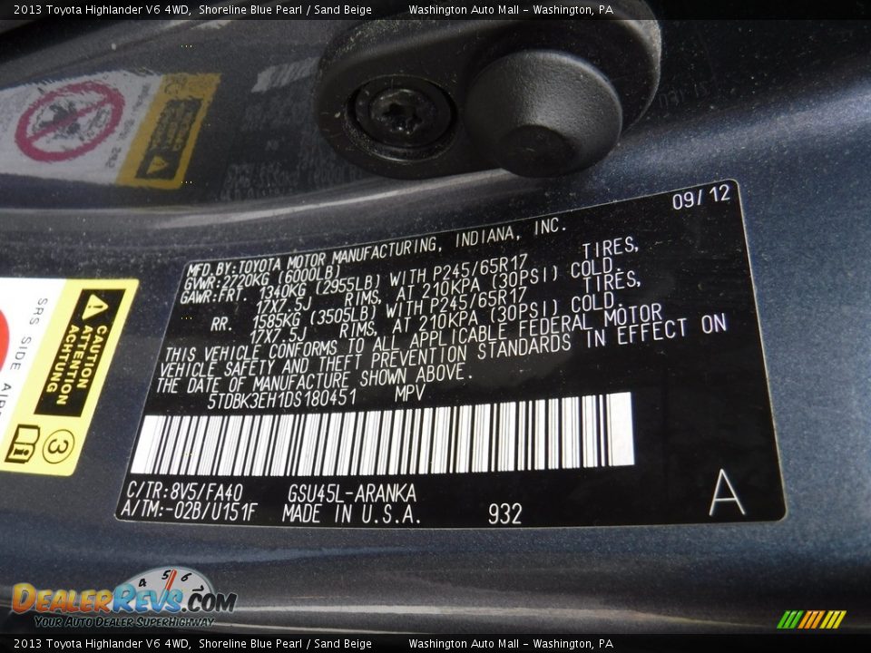 2013 Toyota Highlander V6 4WD Shoreline Blue Pearl / Sand Beige Photo #24