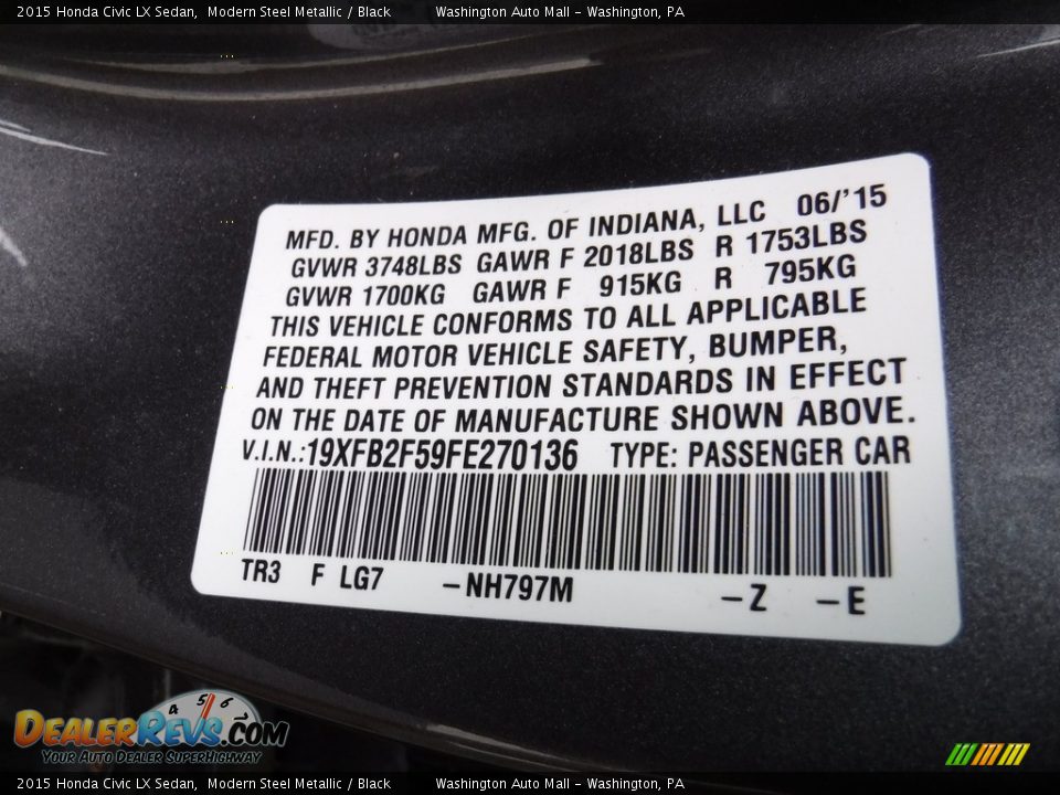 2015 Honda Civic LX Sedan Modern Steel Metallic / Black Photo #19