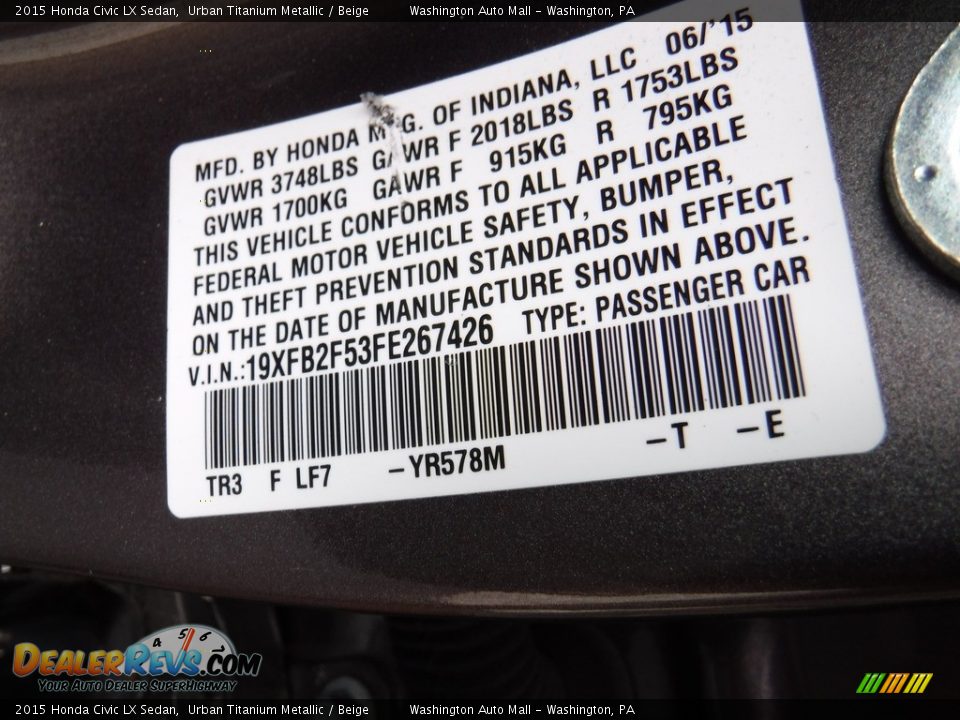 2015 Honda Civic LX Sedan Urban Titanium Metallic / Beige Photo #22