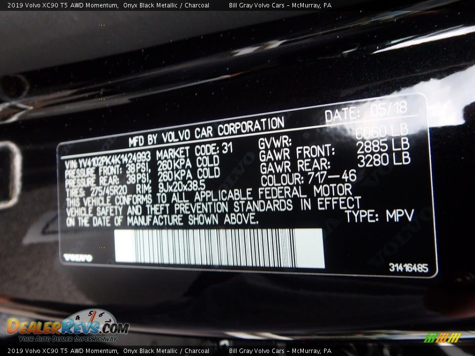 2019 Volvo XC90 T5 AWD Momentum Onyx Black Metallic / Charcoal Photo #12