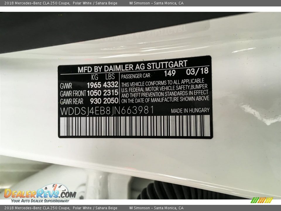 2018 Mercedes-Benz CLA 250 Coupe Polar White / Sahara Beige Photo #11