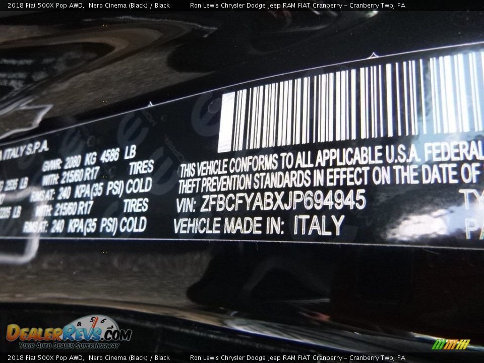 2018 Fiat 500X Pop AWD Nero Cinema (Black) / Black Photo #13