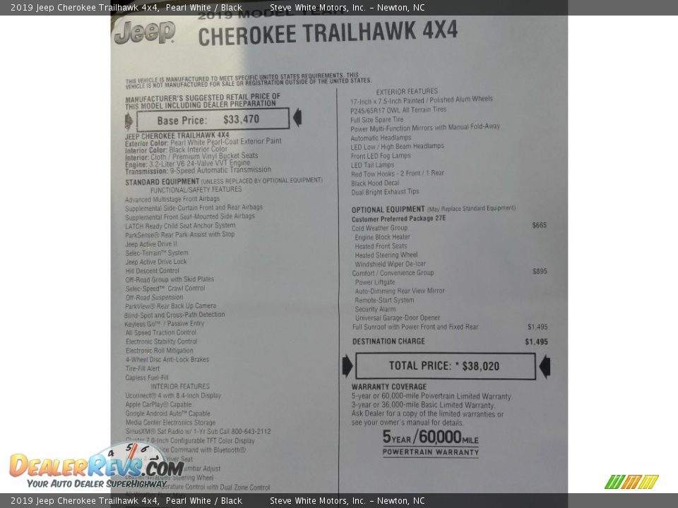 2019 Jeep Cherokee Trailhawk 4x4 Pearl White / Black Photo #35