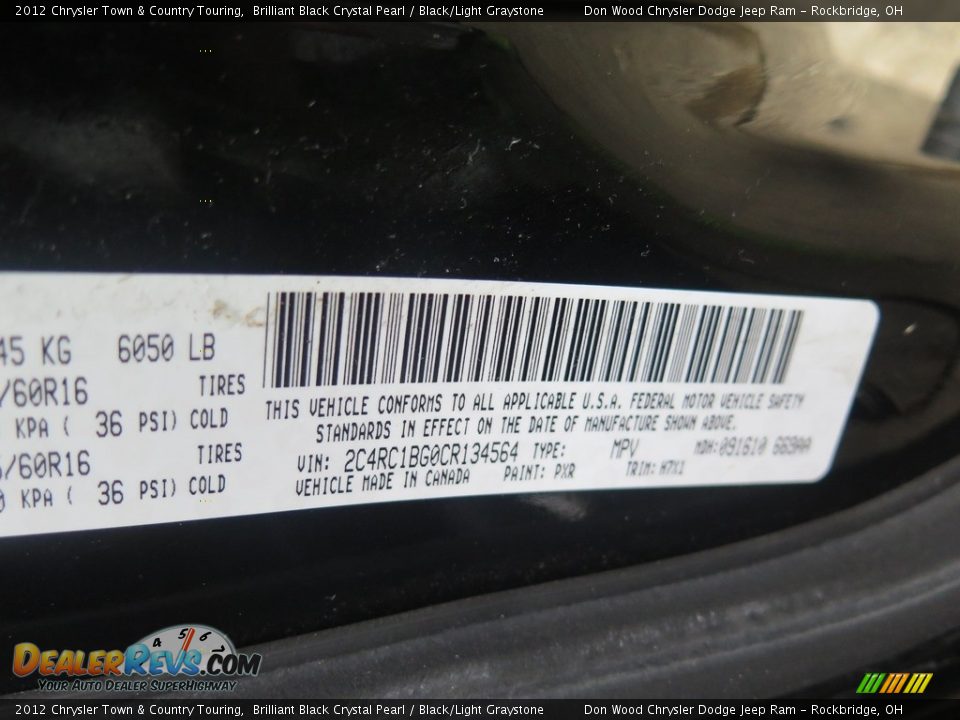 2012 Chrysler Town & Country Touring Brilliant Black Crystal Pearl / Black/Light Graystone Photo #36