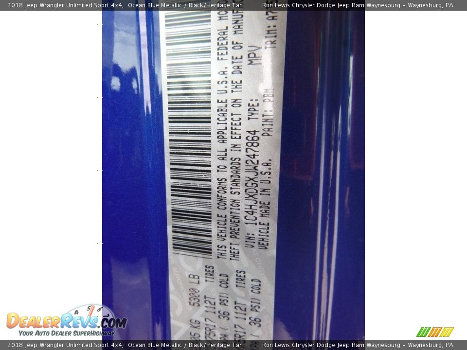 2018 Jeep Wrangler Unlimited Sport 4x4 Ocean Blue Metallic / Black/Heritage Tan Photo #14