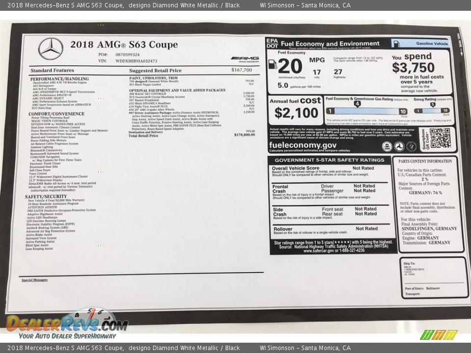 2018 Mercedes-Benz S AMG S63 Coupe Window Sticker Photo #21