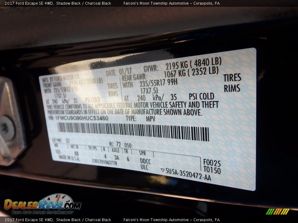 2017 Ford Escape SE 4WD Shadow Black / Charcoal Black Photo #23
