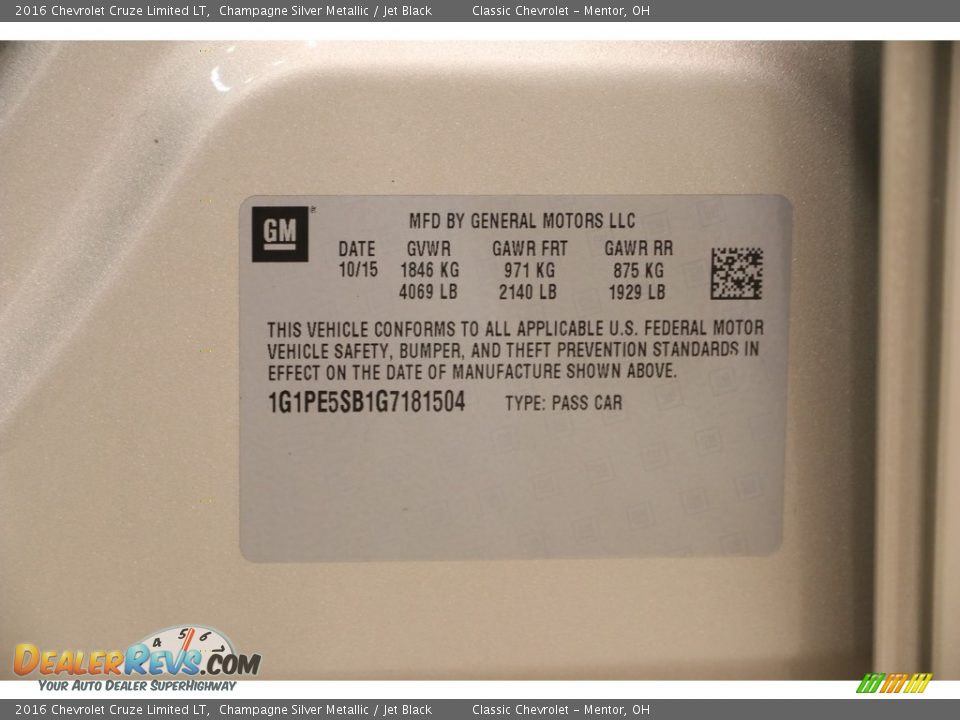 2016 Chevrolet Cruze Limited LT Champagne Silver Metallic / Jet Black Photo #15