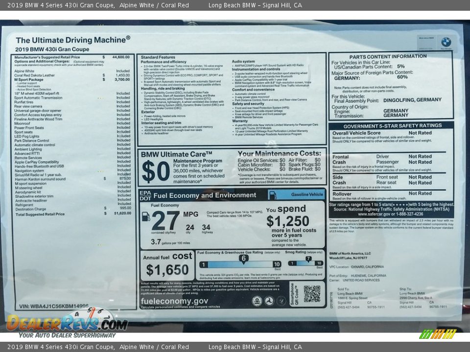2019 BMW 4 Series 430i Gran Coupe Alpine White / Coral Red Photo #10