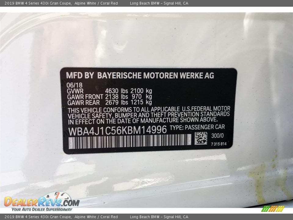 2019 BMW 4 Series 430i Gran Coupe Alpine White / Coral Red Photo #11
