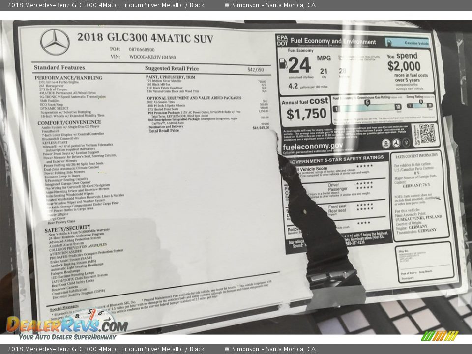 2018 Mercedes-Benz GLC 300 4Matic Window Sticker Photo #10