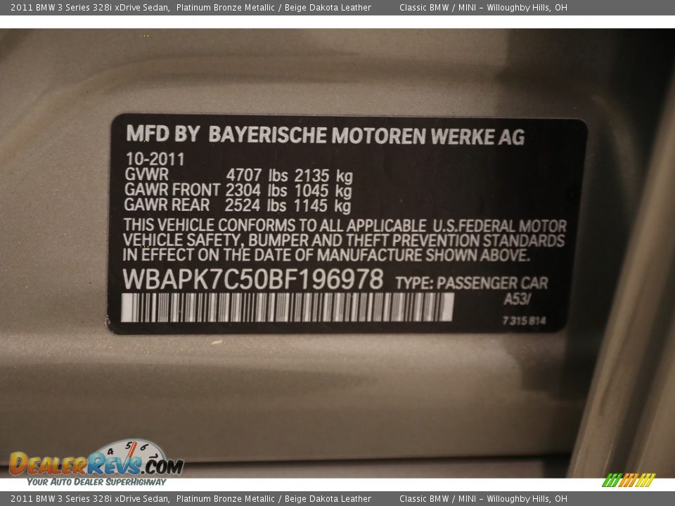 2011 BMW 3 Series 328i xDrive Sedan Platinum Bronze Metallic / Beige Dakota Leather Photo #20