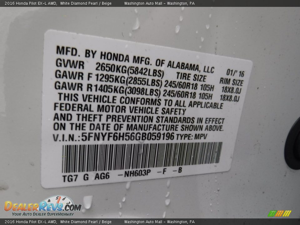 2016 Honda Pilot EX-L AWD White Diamond Pearl / Beige Photo #29