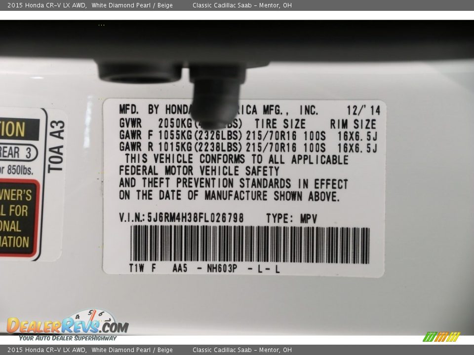 2015 Honda CR-V LX AWD White Diamond Pearl / Beige Photo #22