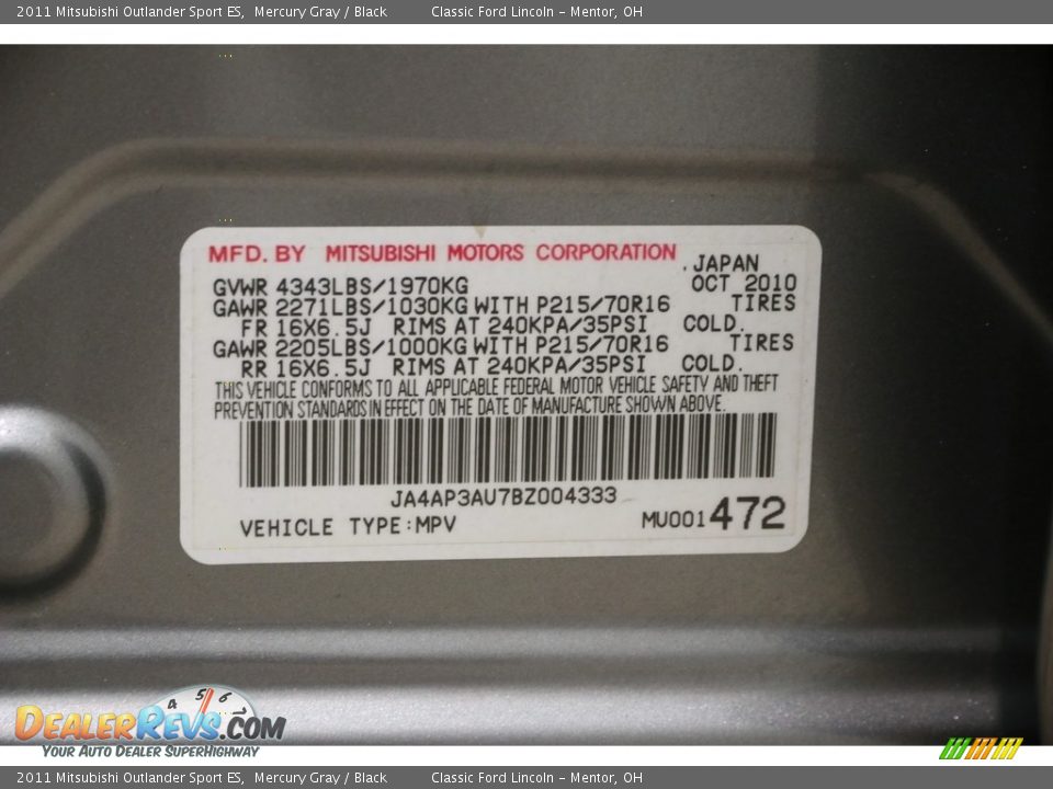 2011 Mitsubishi Outlander Sport ES Mercury Gray / Black Photo #16