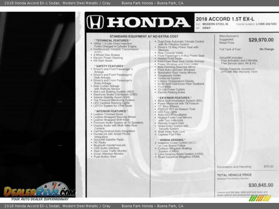 2018 Honda Accord EX-L Sedan Modern Steel Metallic / Gray Photo #34