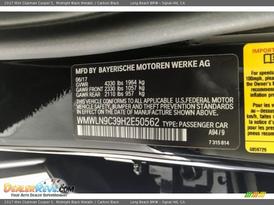 2017 Mini Clubman Cooper S Midnight Black Metallic / Carbon Black Photo #22