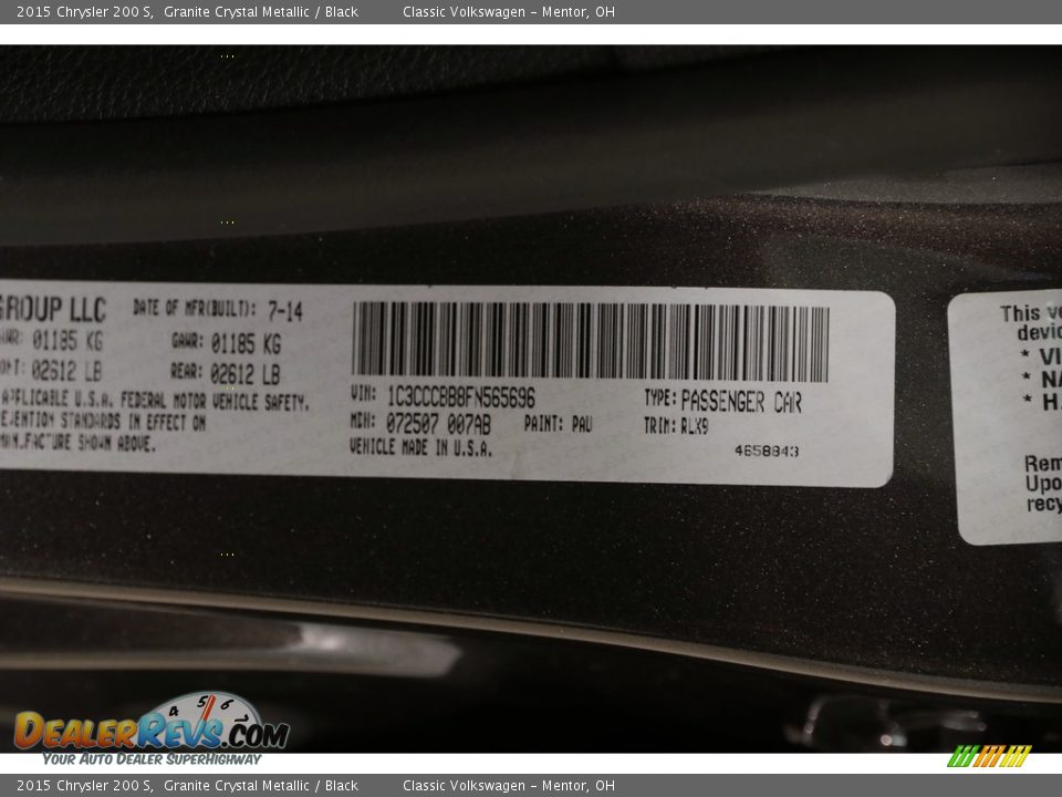 2015 Chrysler 200 S Granite Crystal Metallic / Black Photo #36