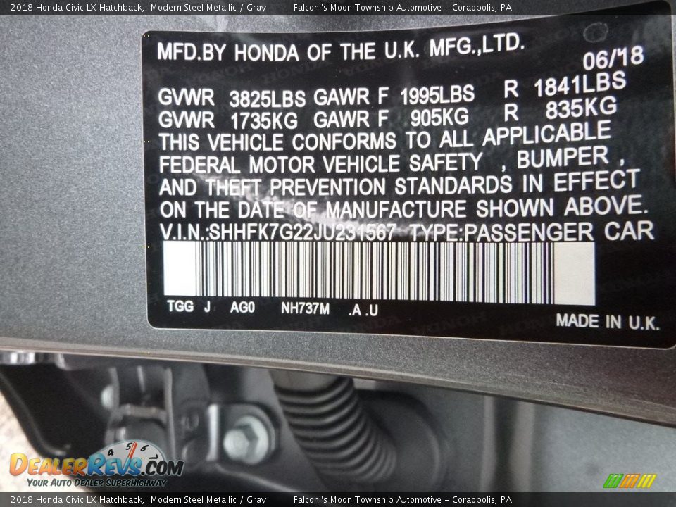 2018 Honda Civic LX Hatchback Modern Steel Metallic / Gray Photo #13