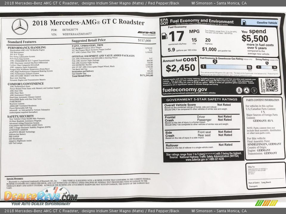 2018 Mercedes-Benz AMG GT C Roadster Window Sticker Photo #19