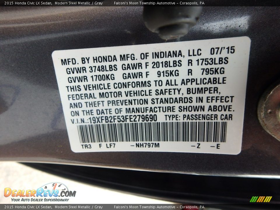 2015 Honda Civic LX Sedan Modern Steel Metallic / Gray Photo #23