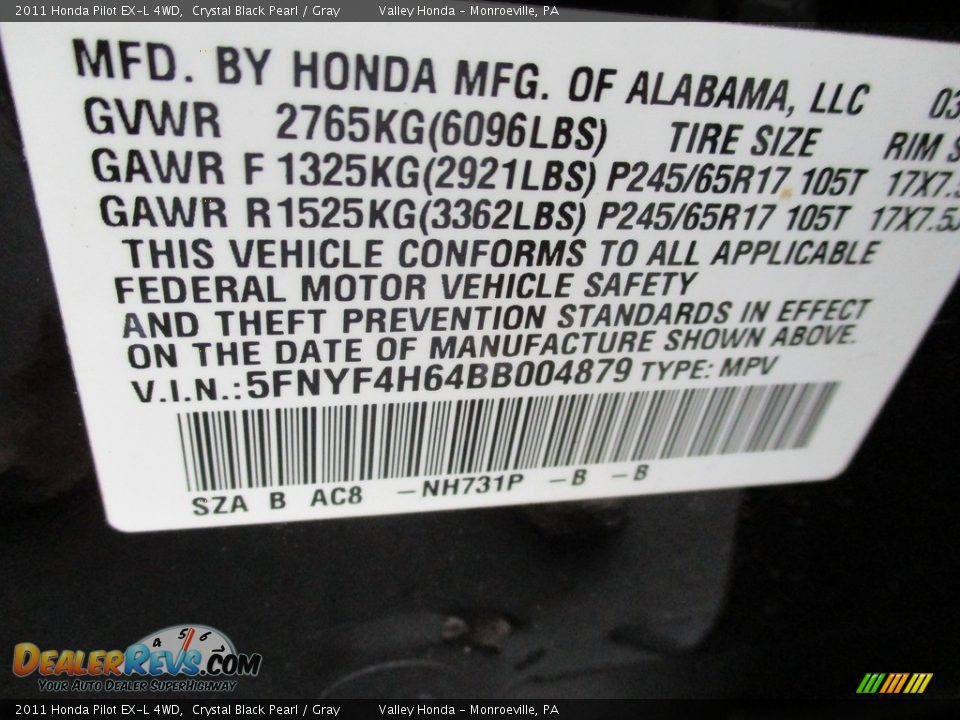 2011 Honda Pilot EX-L 4WD Crystal Black Pearl / Gray Photo #19