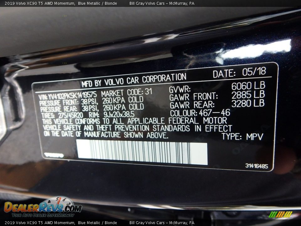 2019 Volvo XC90 T5 AWD Momentum Blue Metallic / Blonde Photo #10