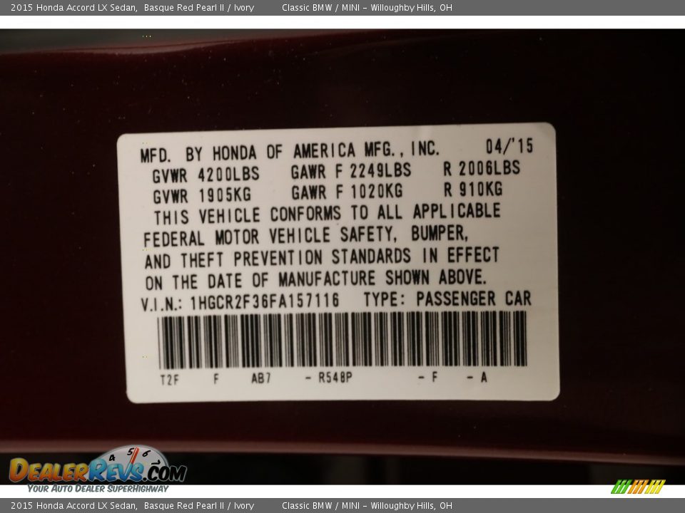 2015 Honda Accord LX Sedan Basque Red Pearl II / Ivory Photo #27