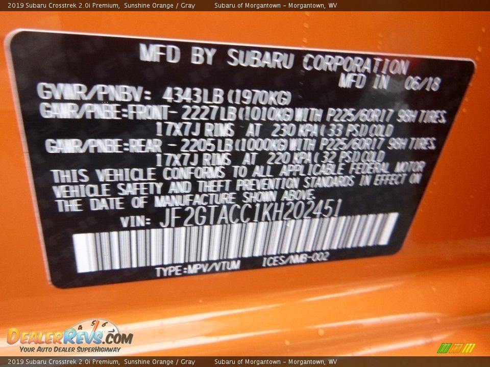 2019 Subaru Crosstrek 2.0i Premium Sunshine Orange / Gray Photo #15