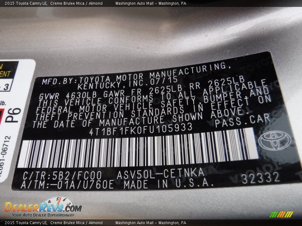 2015 Toyota Camry LE Creme Brulee Mica / Almond Photo #22