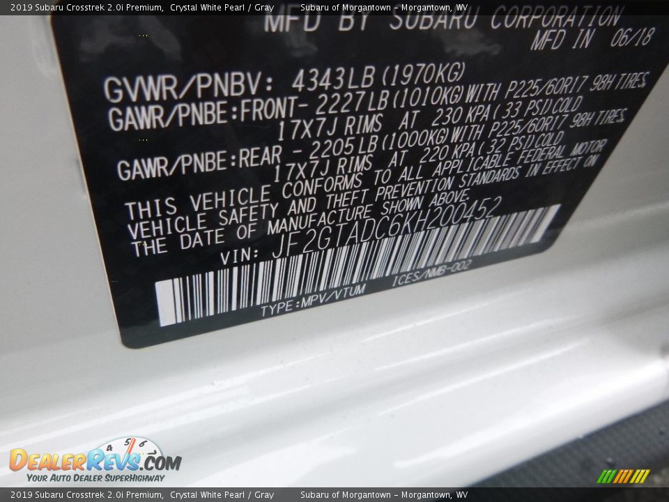 2019 Subaru Crosstrek 2.0i Premium Crystal White Pearl / Gray Photo #16