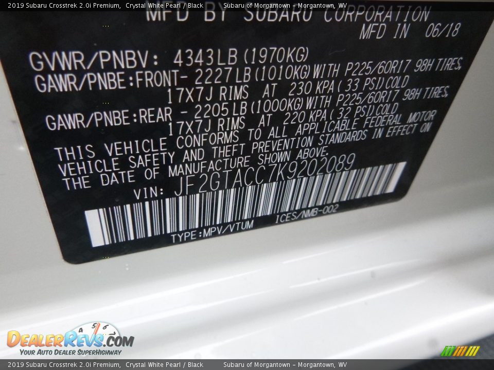 2019 Subaru Crosstrek 2.0i Premium Crystal White Pearl / Black Photo #15