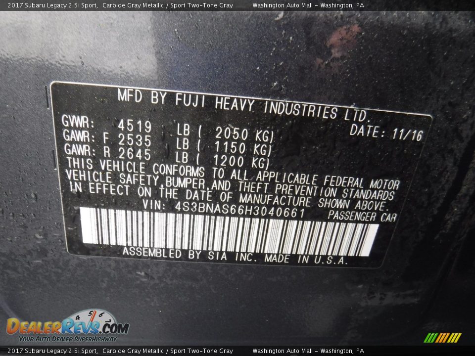 2017 Subaru Legacy 2.5i Sport Carbide Gray Metallic / Sport Two-Tone Gray Photo #24