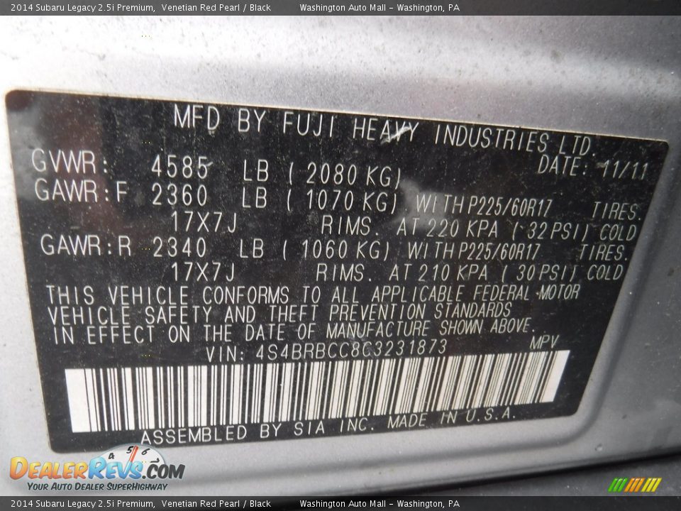 2014 Subaru Legacy 2.5i Premium Venetian Red Pearl / Black Photo #19