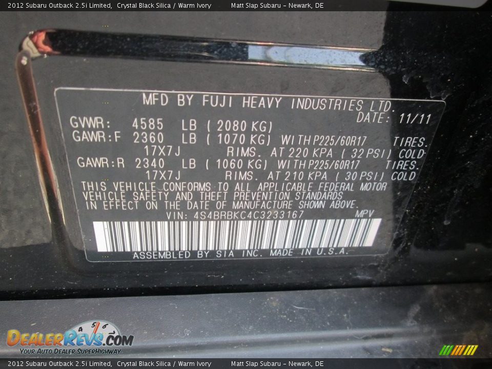 2012 Subaru Outback 2.5i Limited Crystal Black Silica / Warm Ivory Photo #30