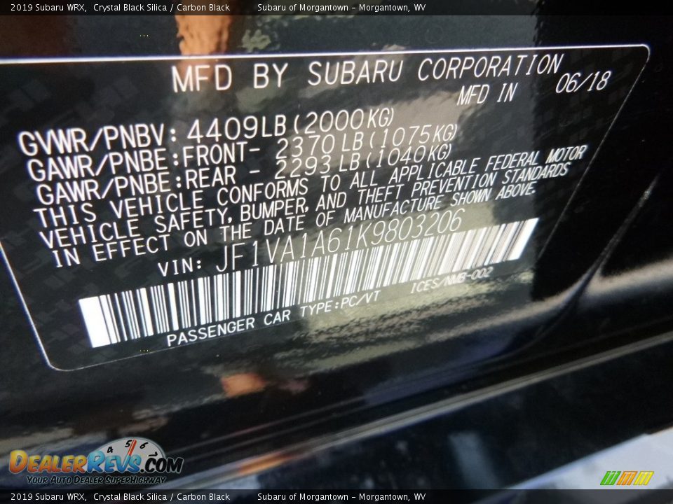 2019 Subaru WRX Crystal Black Silica / Carbon Black Photo #15