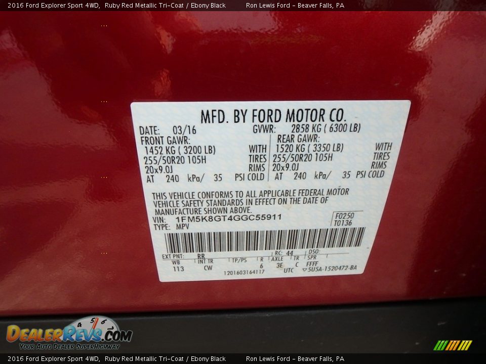 2016 Ford Explorer Sport 4WD Ruby Red Metallic Tri-Coat / Ebony Black Photo #15