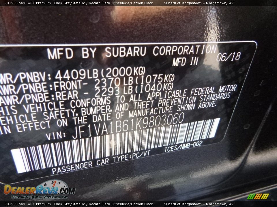 2019 Subaru WRX Premium Dark Gray Metallic / Recaro Black Ultrasuede/Carbon Black Photo #15