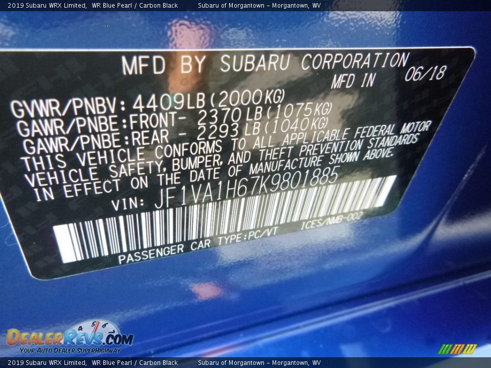 2019 Subaru WRX Limited WR Blue Pearl / Carbon Black Photo #16