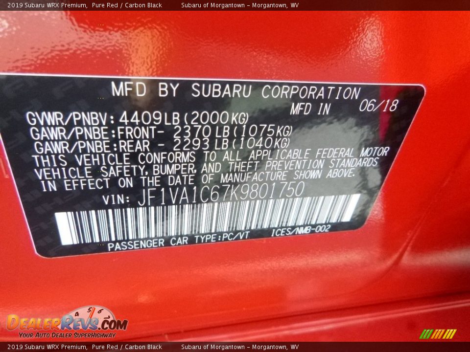 2019 Subaru WRX Premium Pure Red / Carbon Black Photo #15