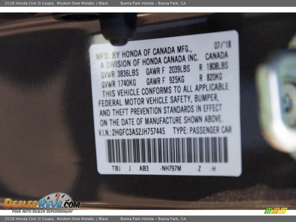 2018 Honda Civic Si Coupe Modern Steel Metallic / Black Photo #26