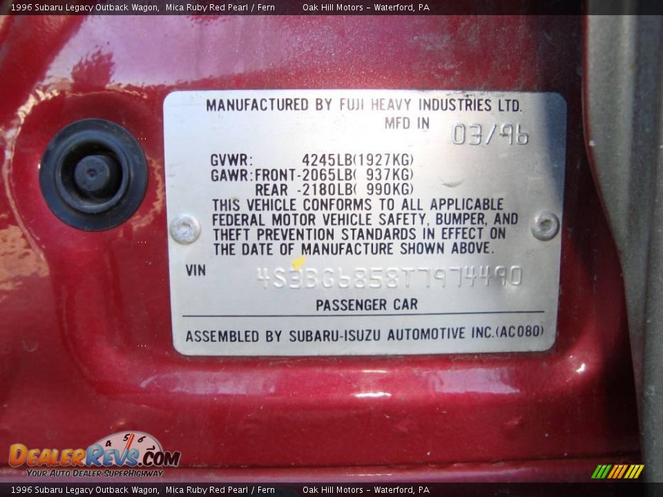 1996 Subaru Legacy Outback Wagon Mica Ruby Red Pearl / Fern Photo #22