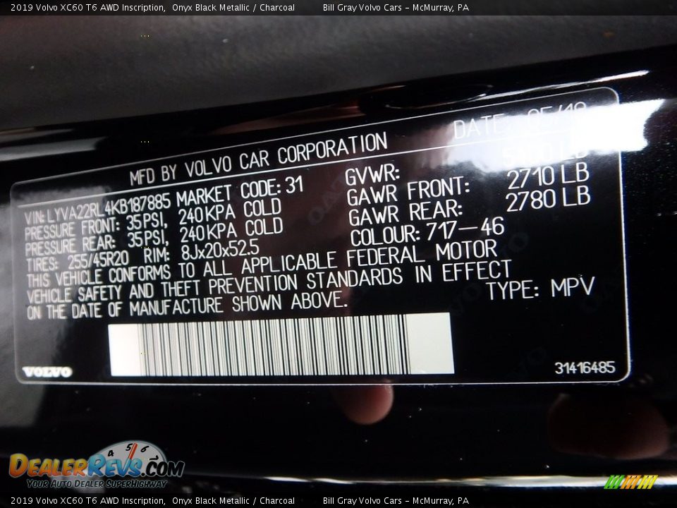 Info Tag of 2019 Volvo XC60 T6 AWD Inscription Photo #11