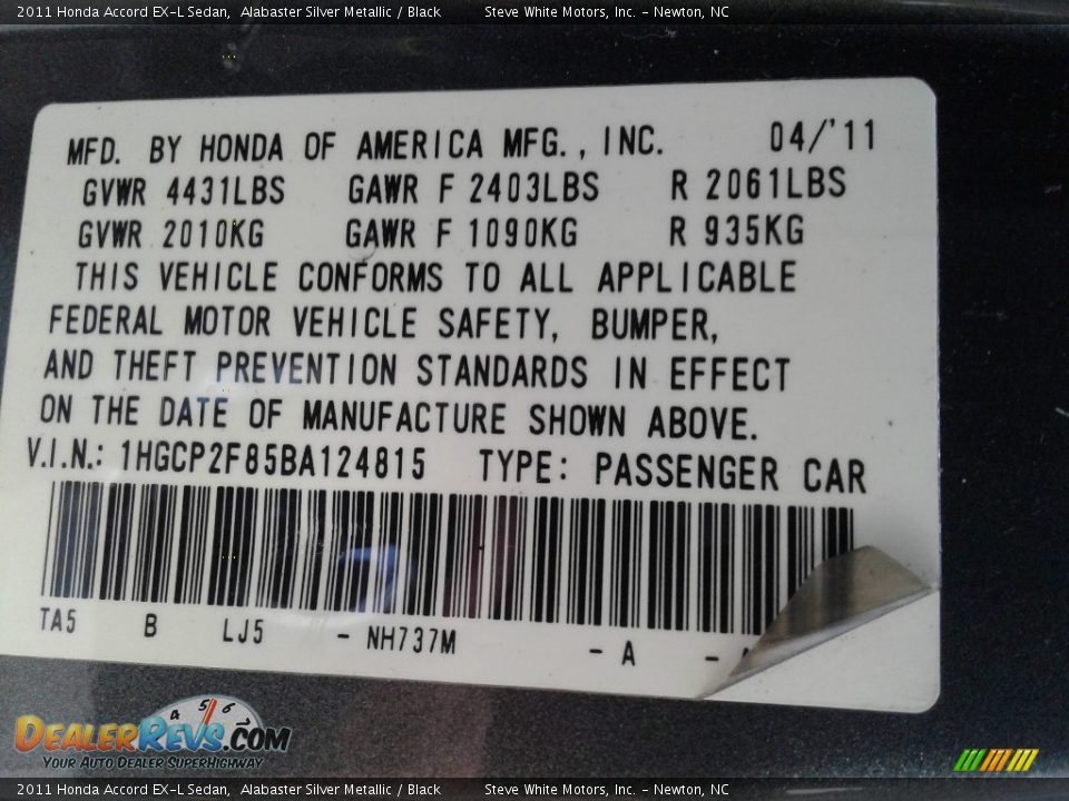 2011 Honda Accord EX-L Sedan Alabaster Silver Metallic / Black Photo #28