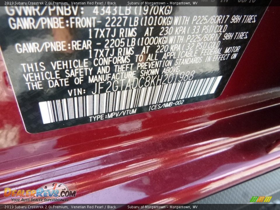 2019 Subaru Crosstrek 2.0i Premium Venetian Red Pearl / Black Photo #16